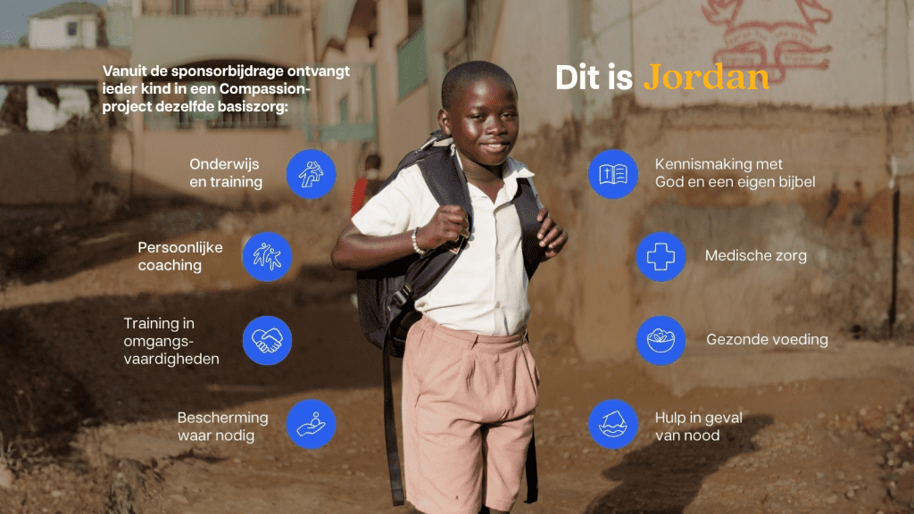 Banner met een foto van Jordan in het midden en eromheen de hulp die kinderen krijgen op alle gebieden van hun leven.